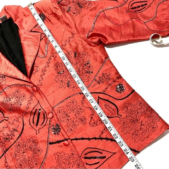 Orange Silk Button-down Blazer Jacket Top Large Artsy Beaded - Picture 14 of 15